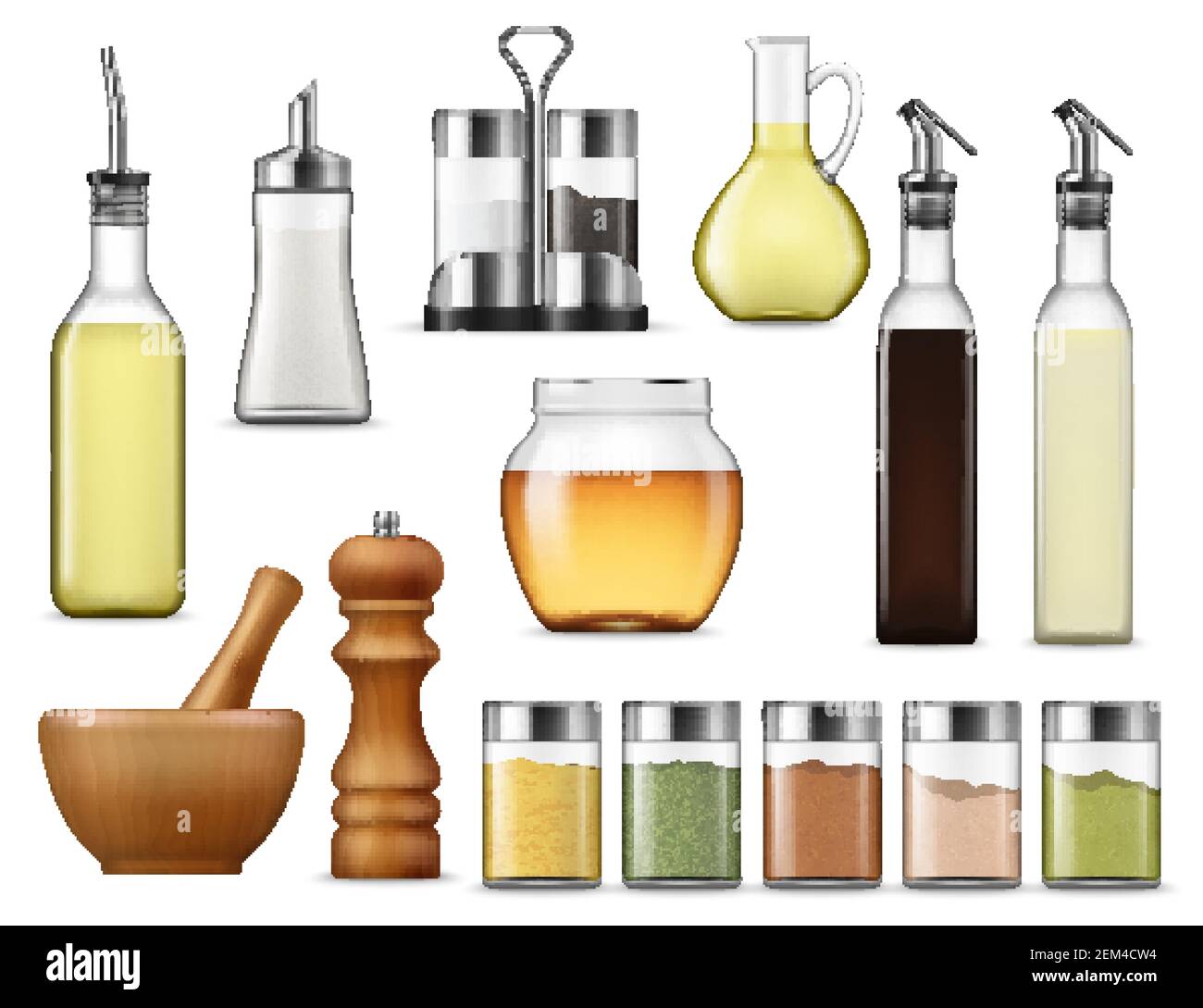 Salt and paper containers, glass jars with herb spices, vinegar pack isolated. Vector glass