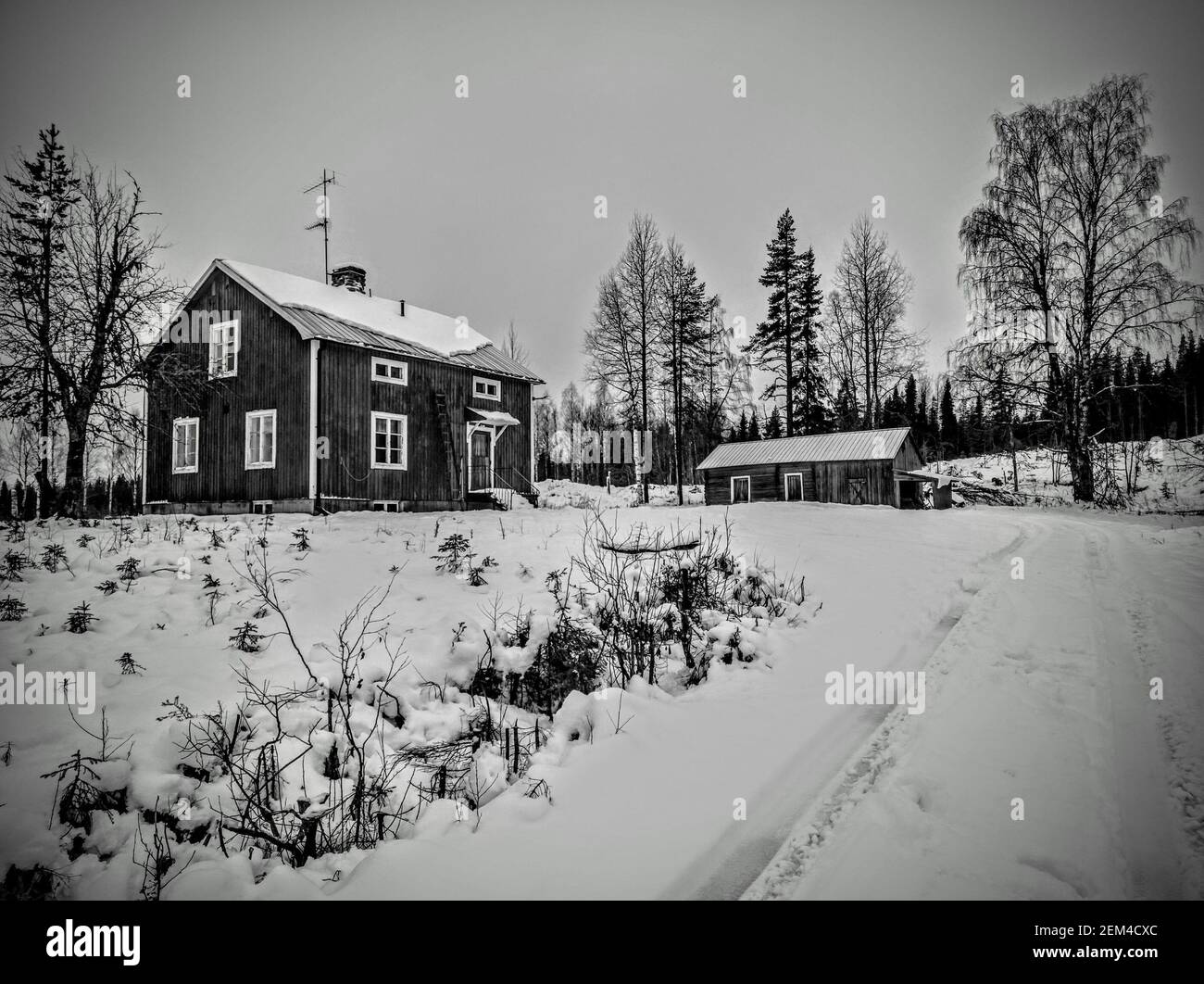 Black and white shot of simple farm houses in northern Sweden. Stock Photo