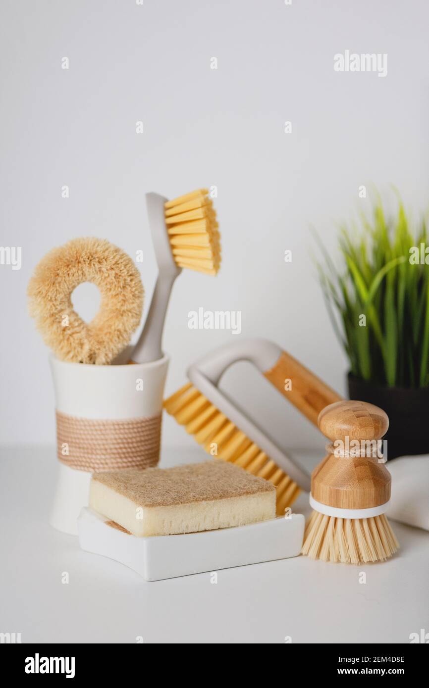 Ecofriendly set of natural cleaning brush products on kitchen table