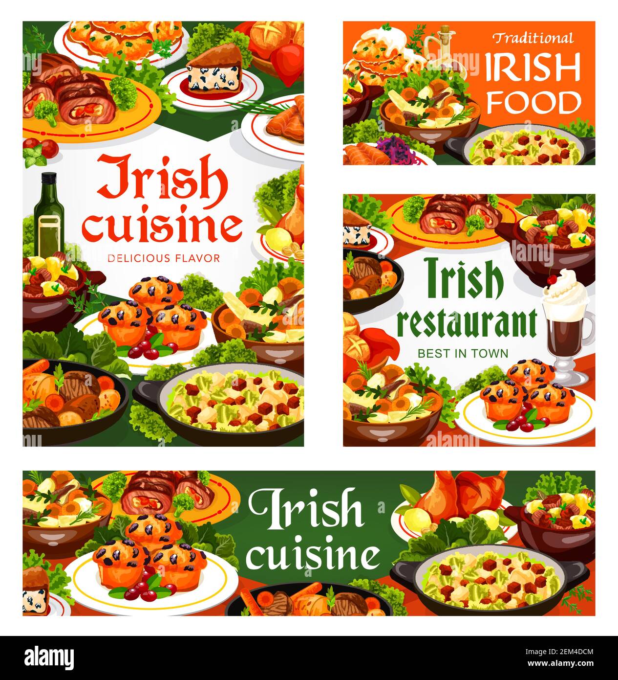 Irish cuisine meat, vegetable and fish meal with desserts, vector food. Beef, lamb and rabbit stews, potato pancakes, cabbage salad and grilled salmon Stock Vector