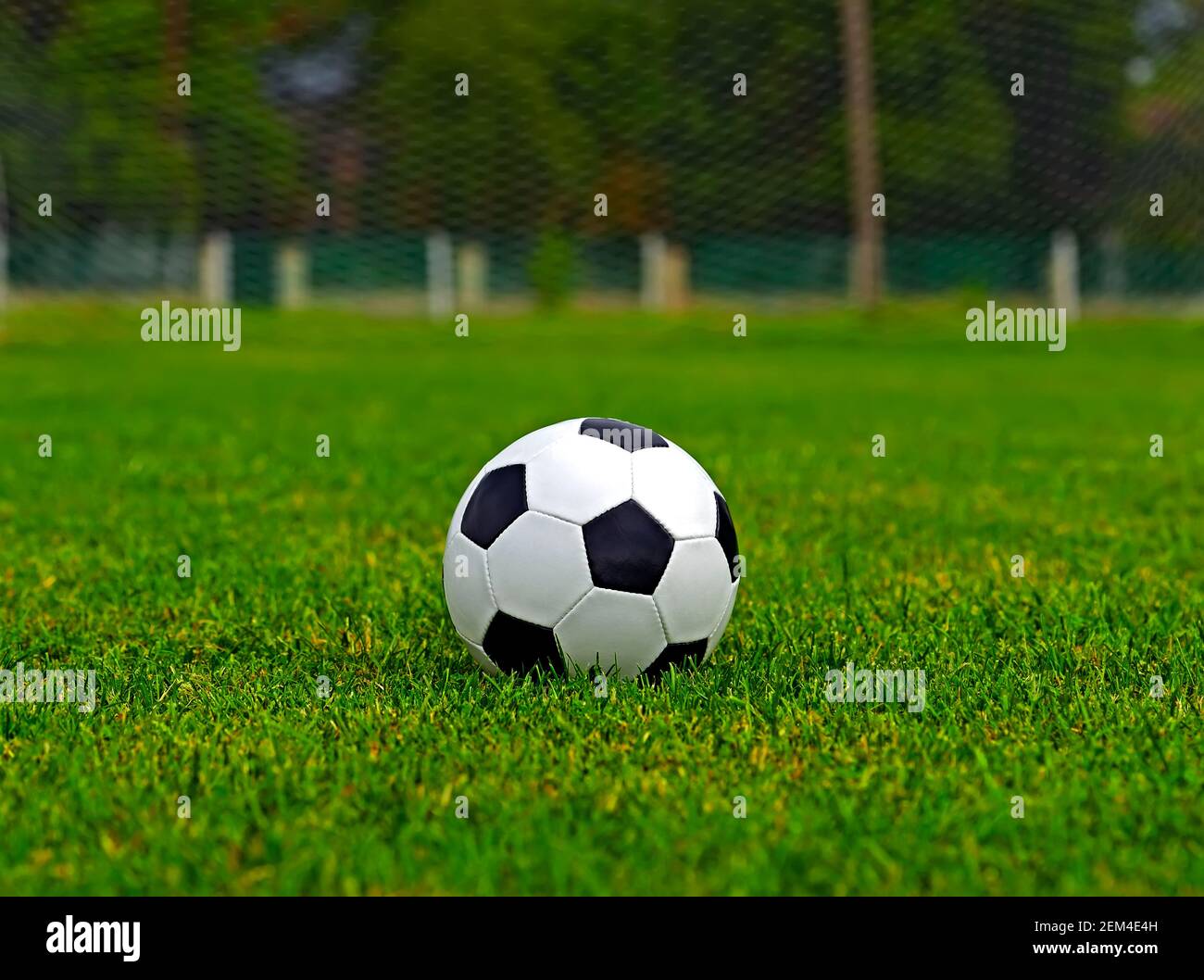 Leather soccer ball on a football stadium Stock Photo - Alamy