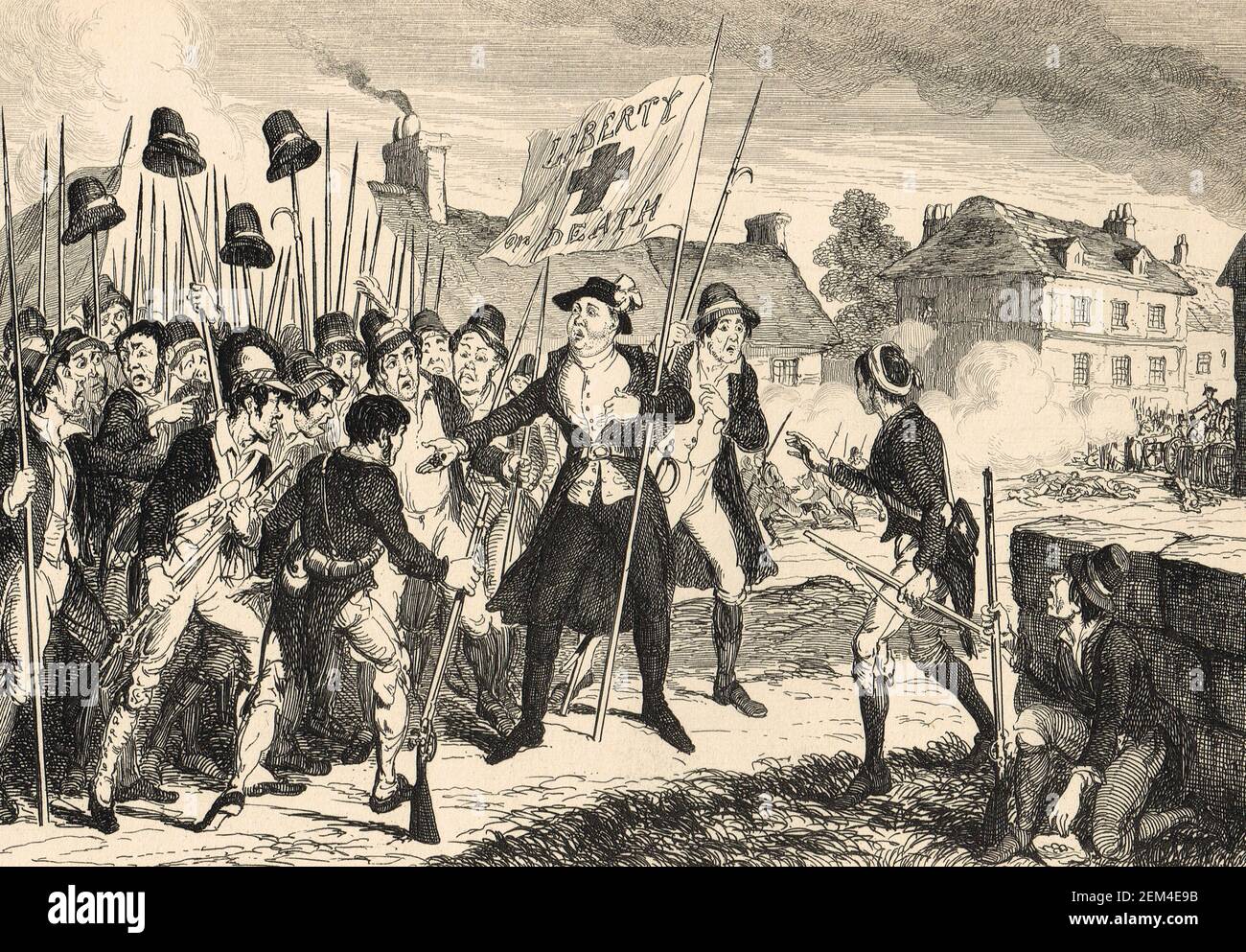 Father Murphy and the heretics.  Father Michael Murphy assuring the rebels they couldn't be killed by English army fire as they were 'heretic bullets'.  Battle of Arklow,  9 June 1798 Stock Photo