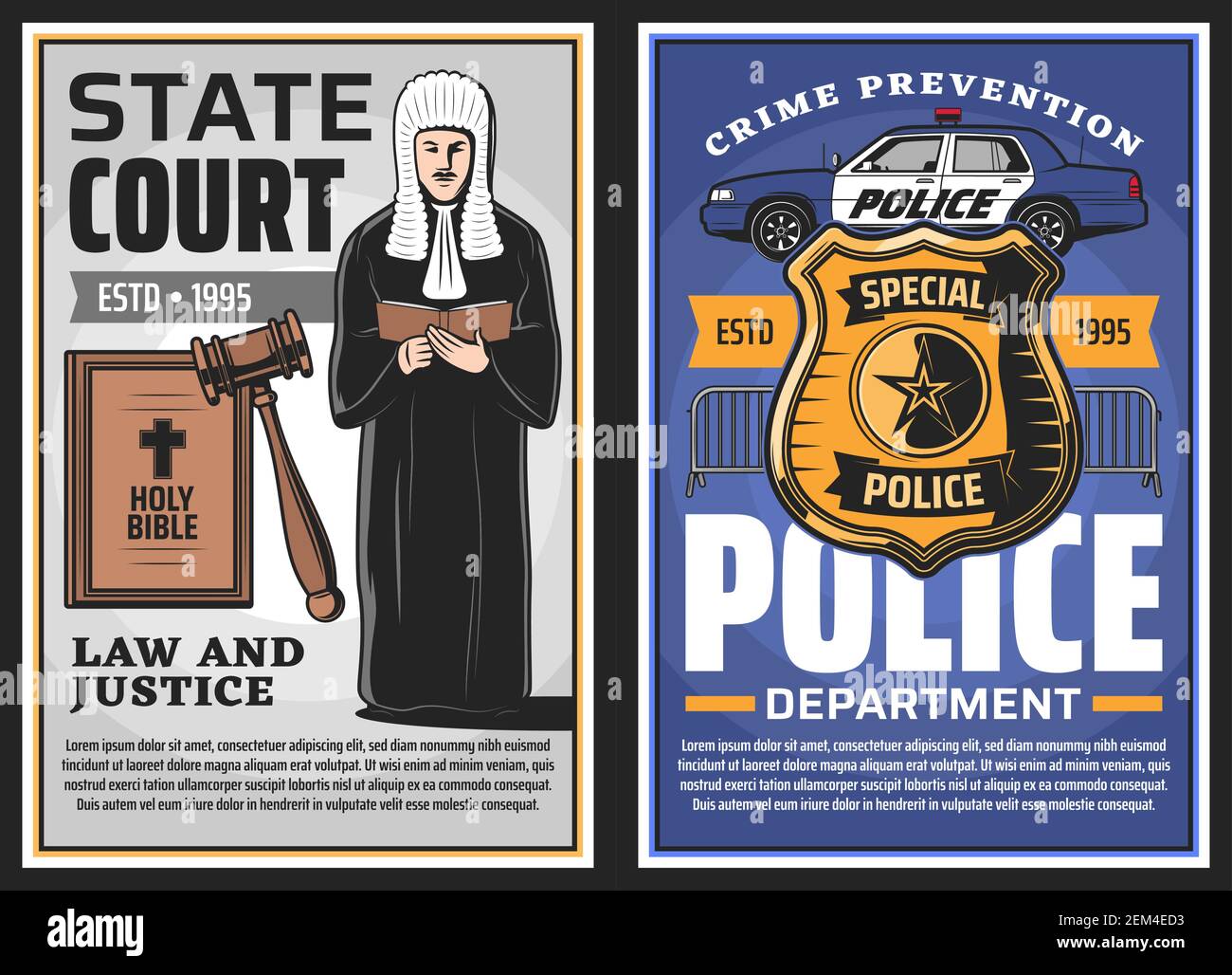 Police department and state court, law enforcement and justice vector design. Judge with gavel and law book, policeman car and officer badge with star Stock Vector