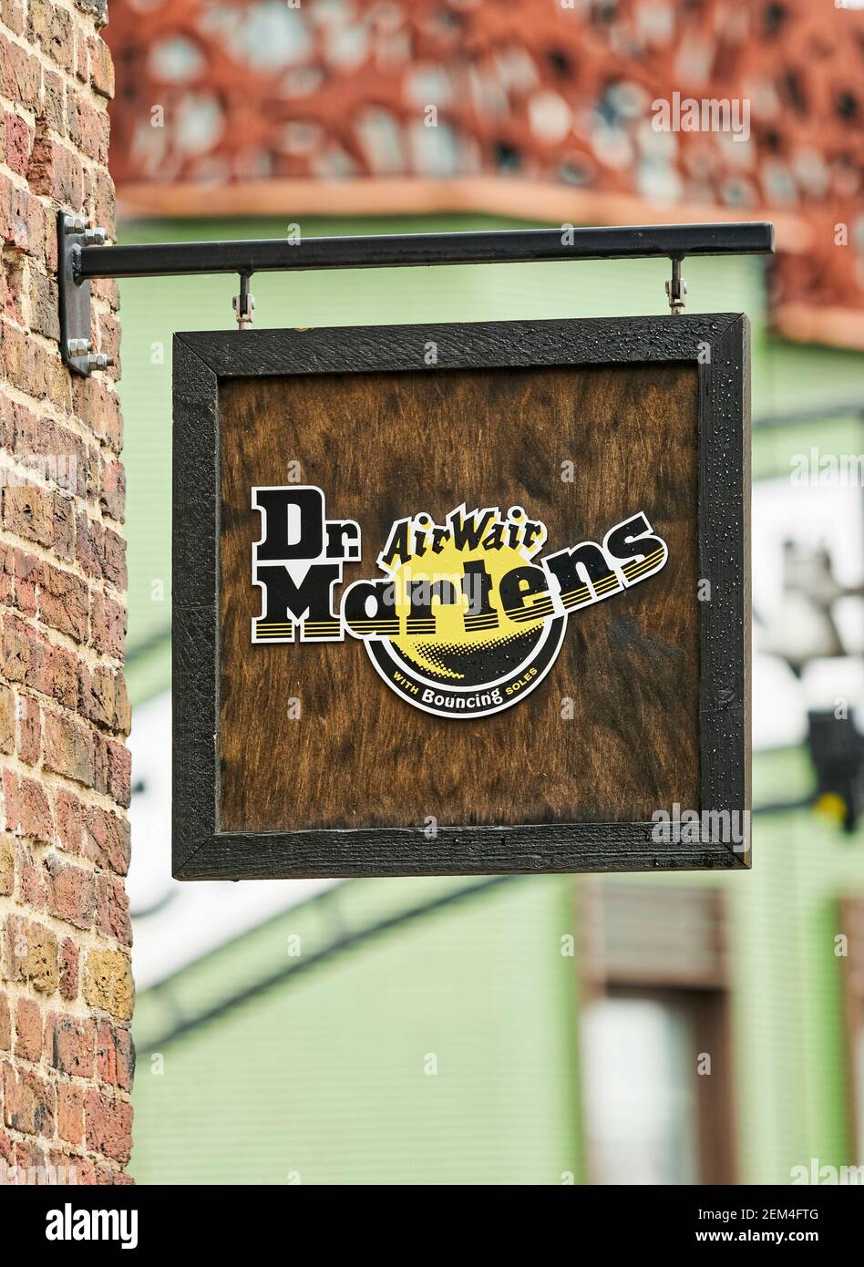 Dr Martens Sign outside shoe shop, Dr Martens footwear was founded in 1947 by Klaus Martens, London, England Stock Photo