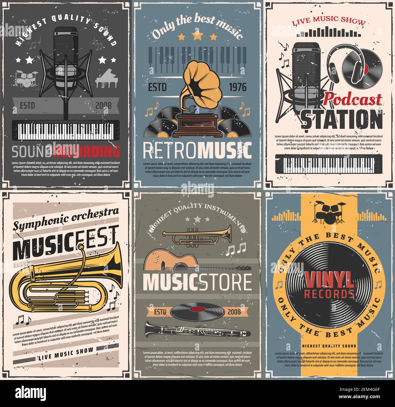 Music and sound recording retro posters. Vector vintage cards with audio gramophone, podcast station and microphone, headphones and vinyl records, tru Stock Vector