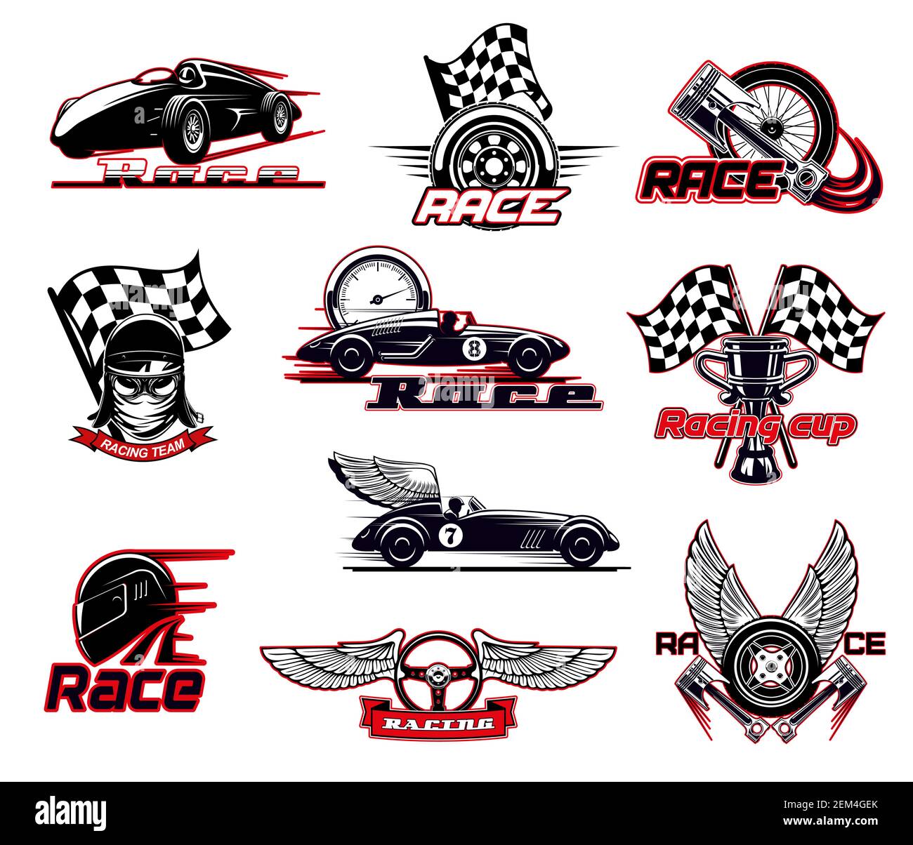 Car race, motor racing isolated vector icons set. Motorsport and racing sport club emblems. Sportcar bolid with burning flame and wings, speedometer a Stock Vector