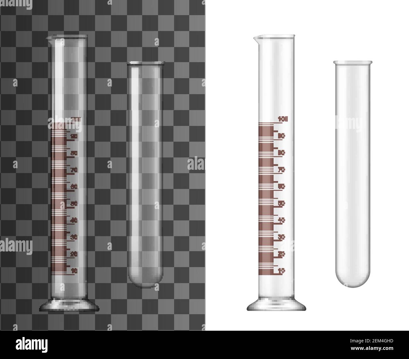 Glass test tubes, chemistry realistic flasks isolated 3d vector