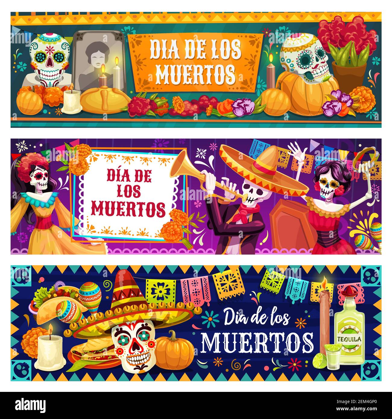 Dia de los Muertos skulls and skeletons vector design of Mexican Day of Dead holiday. Catrina, mariachi and flamenco dancers, sombrero, maracas and su Stock Vector
