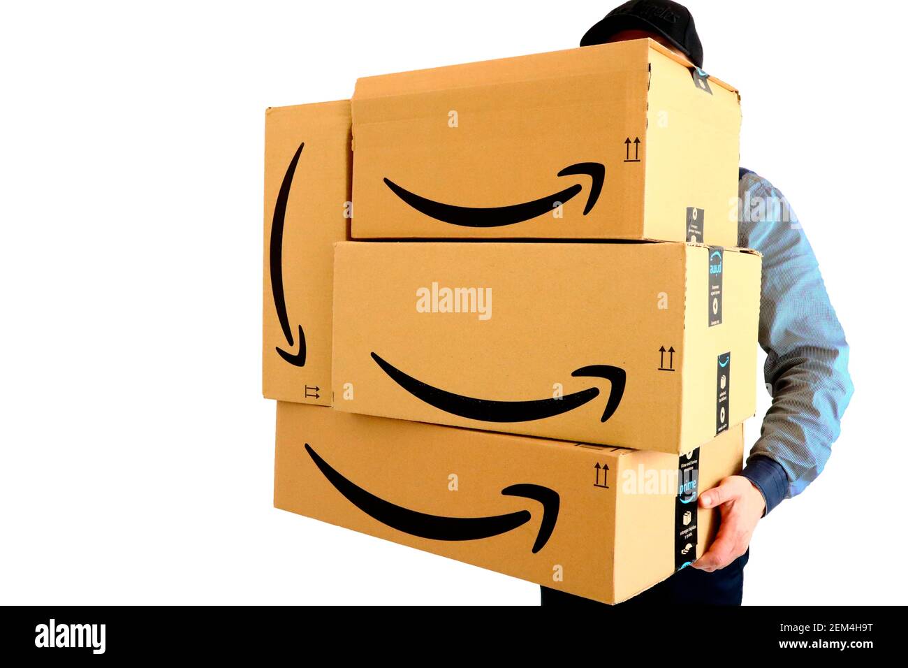 AMAZON Shipping Cardboard Boxes. Amazon is an American Multinational Technology Company of e-commerce Stock Photo