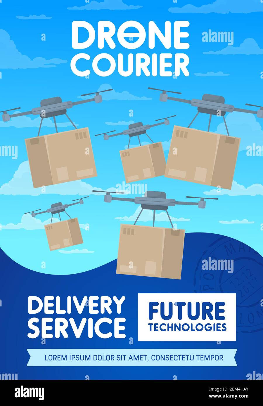 Drone delivery and shipping service poster, cartoon vector copters fly ...