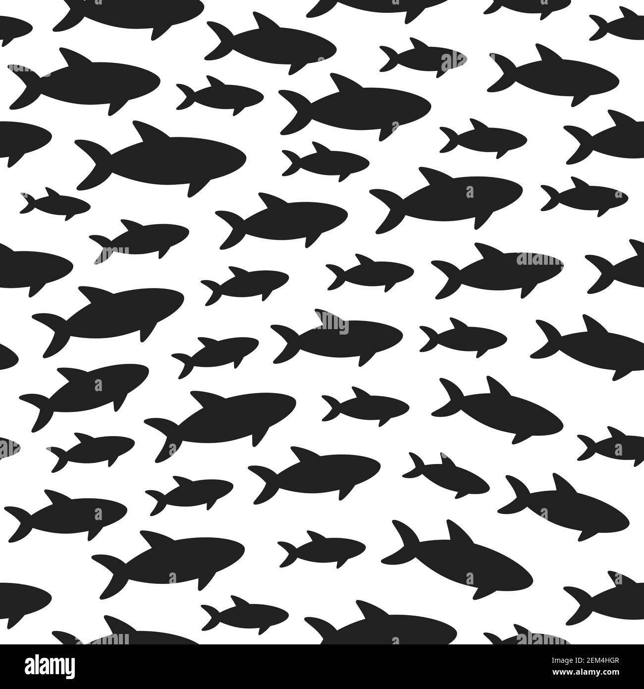 Silhouettes school of fish with marine life of various sizes swimming fish seamless pattern flat style design vector illustration. Colony of big and s Stock Vector