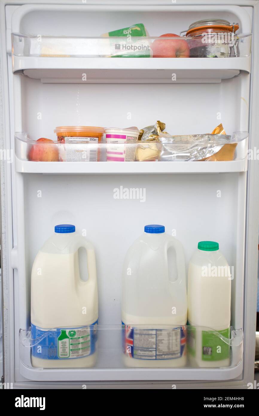 Side door of fridge with food and drinks. England Stock Photo