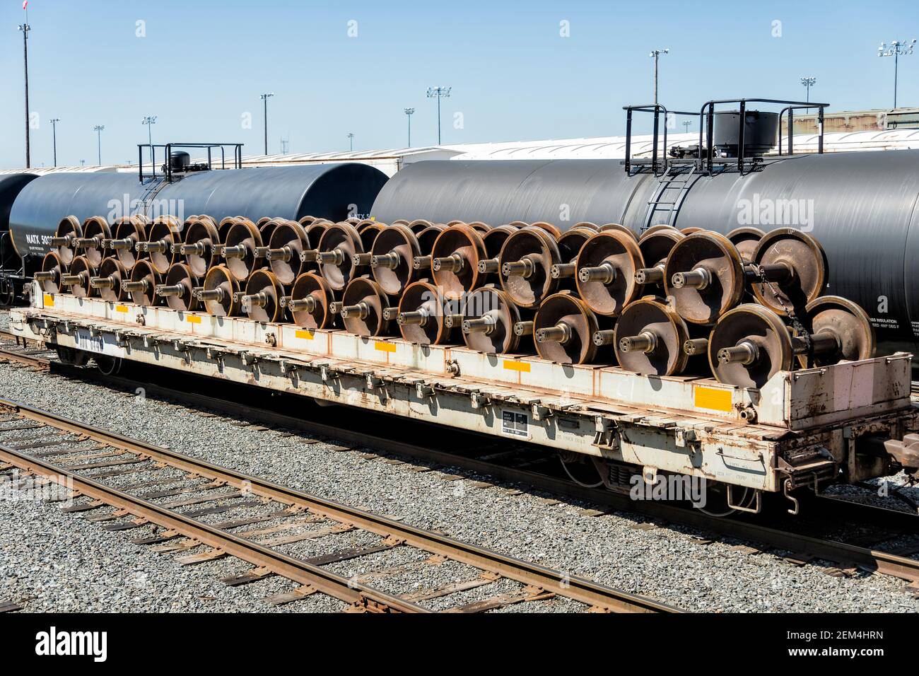 Railroad wheel sets on a railroad car at Tacoma Rail in Tacoma, WA. Stock Photo