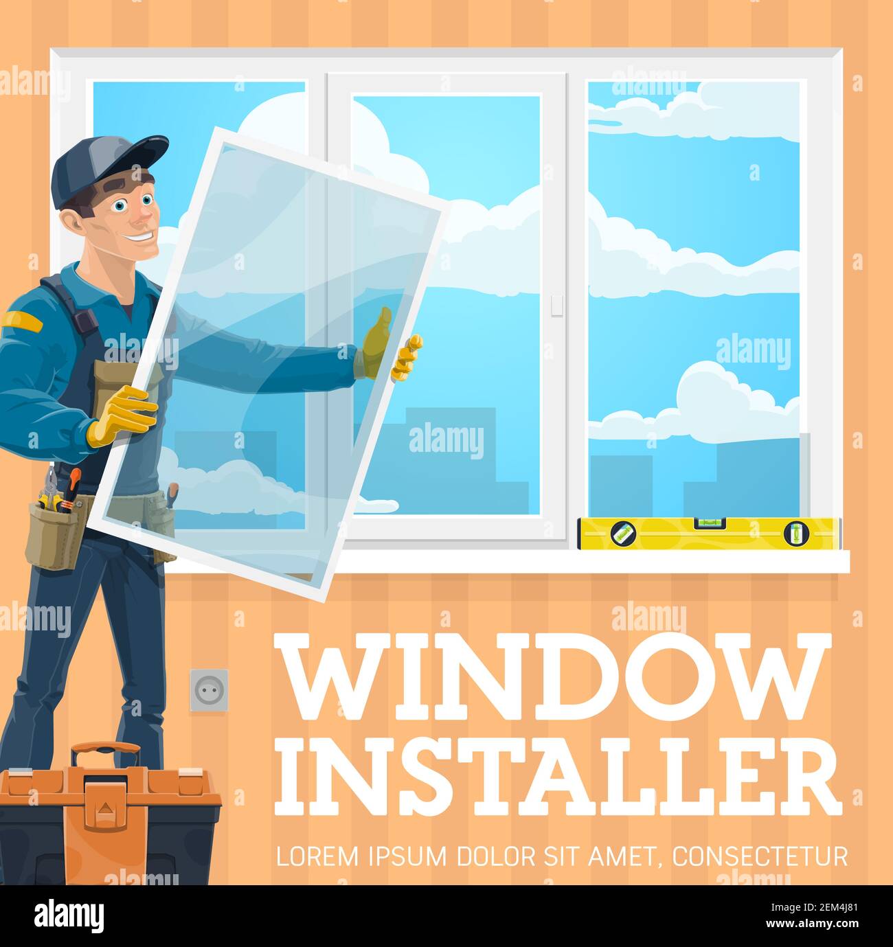 Window installer, windows installation service company. Vector handyman