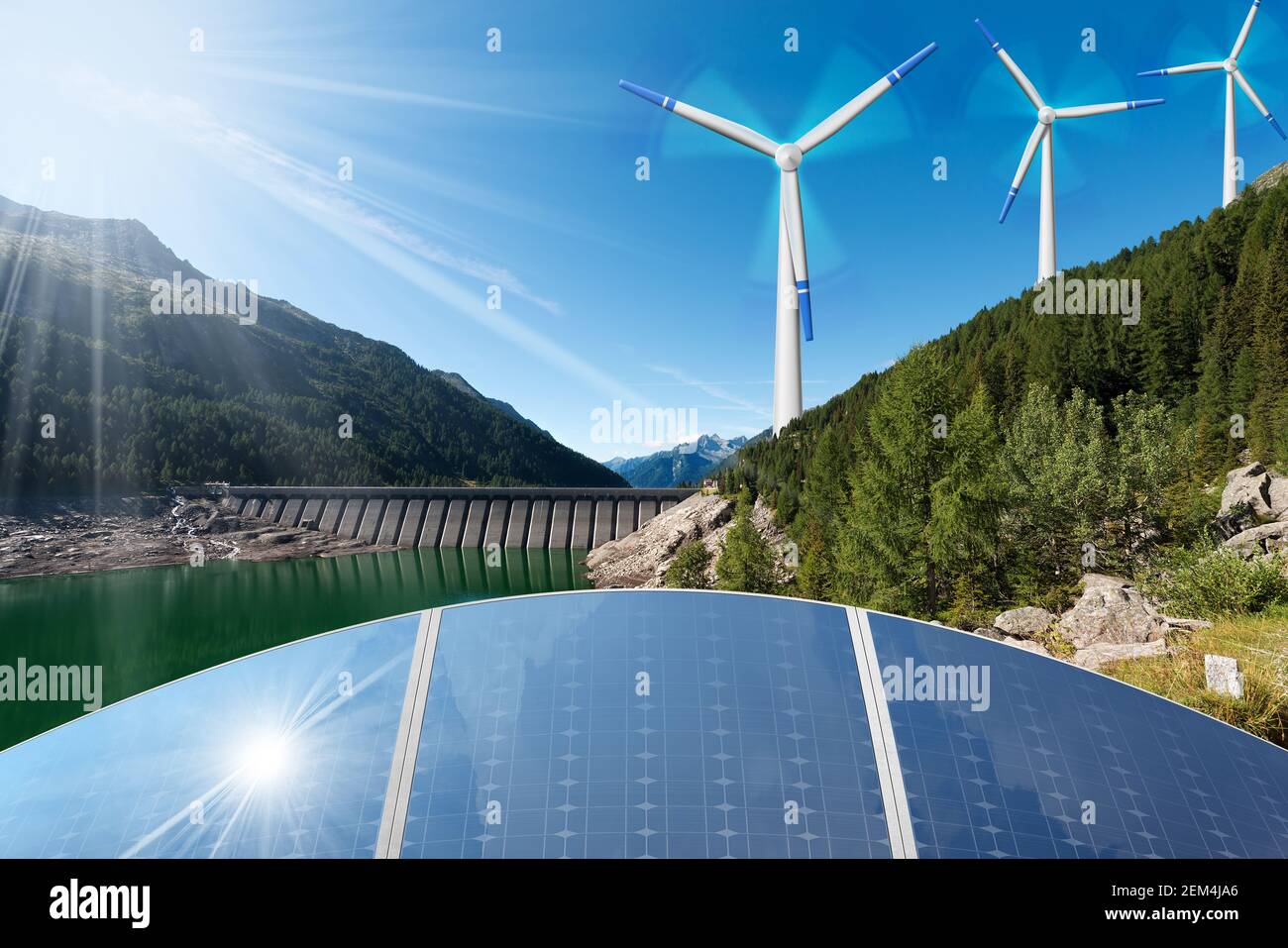 Renewable Energies Concept Sunlight with solar panels. Wind with wind