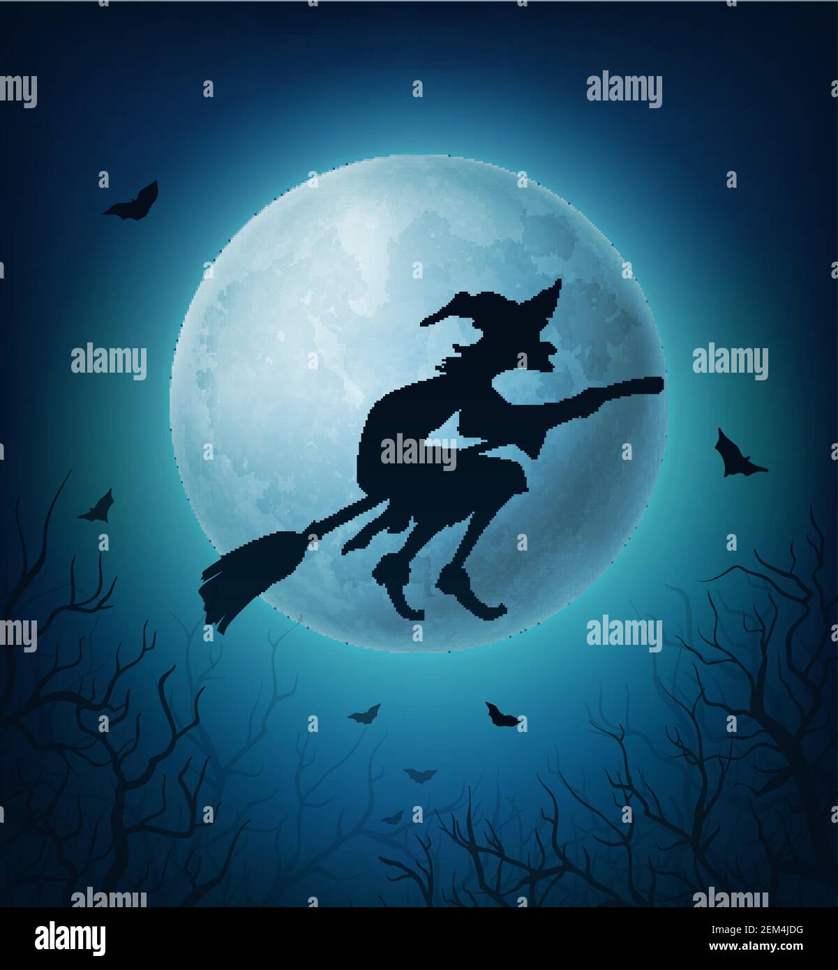 Witch flying on broom in Halloween horror night sky. Black silhouette of evil woman on broomstick against full moon, bats and spooky tree branches. Ha Stock Vector