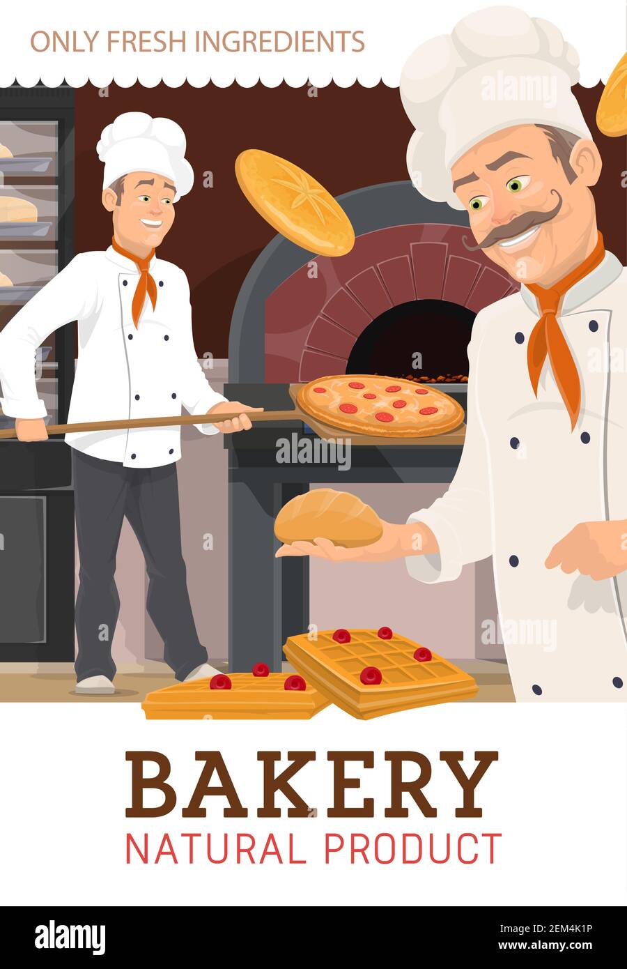 Chefs bakers make bread and pastry production in bakery shop. Cartoon