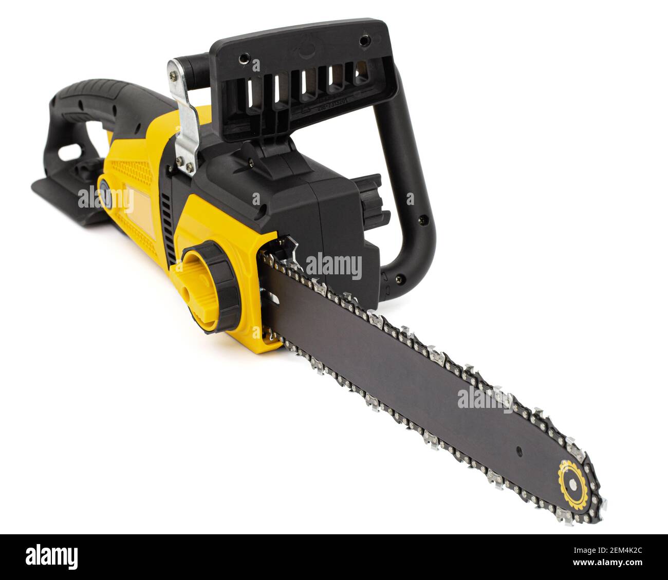Yellow electric chain saw, isolated on white background Stock Photo Alamy