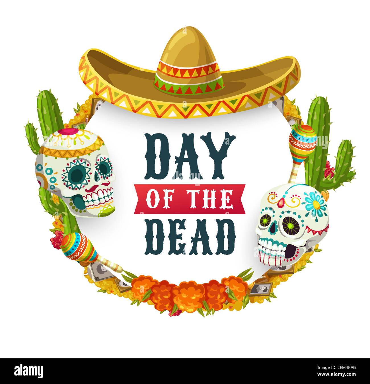Dia de los Muertos, Mexican Day of Dead fiesta party poster. Vector Day of Dead holiday in Mexico, catrina calavera skulls with sombrero, maracas, mar Stock Vector