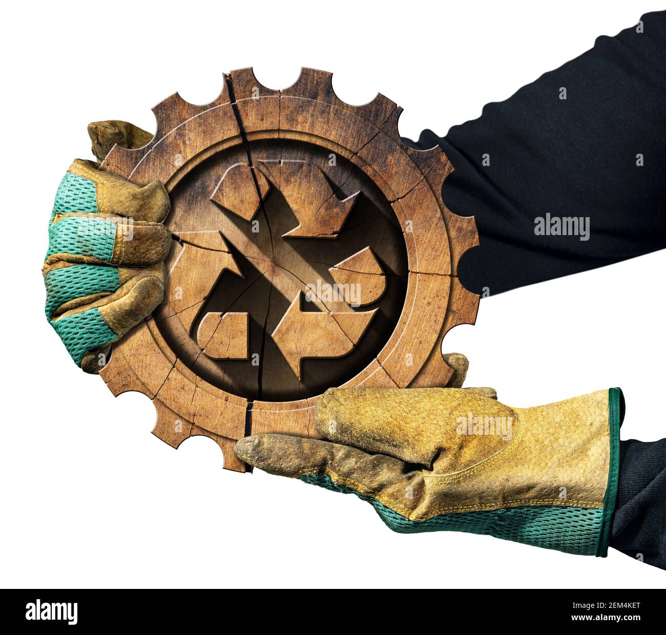 Gloved hands showing a recycling symbol made of wood inside a cogwheel. Sustainable Resources concept. Isolated on white background. Stock Photo