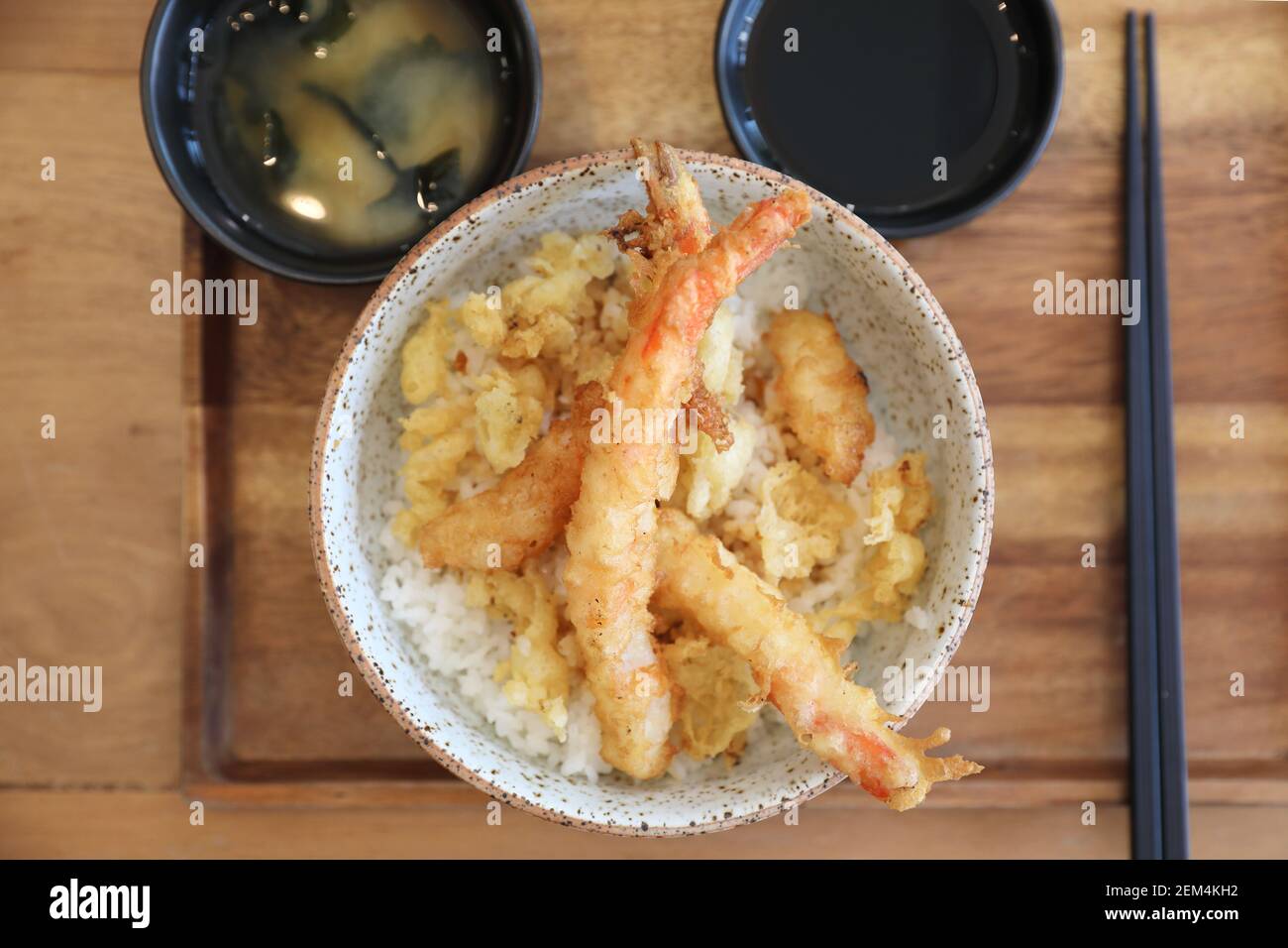 Tempura donburi , Fried shrimp tempura on rice japanese food on wooden