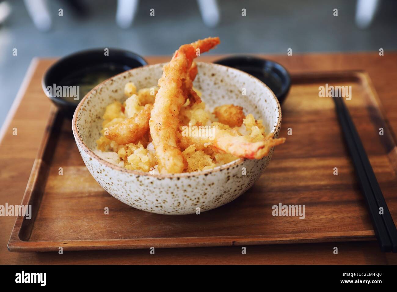 Tempura donburi , Fried shrimp tempura on rice japanese food on wooden