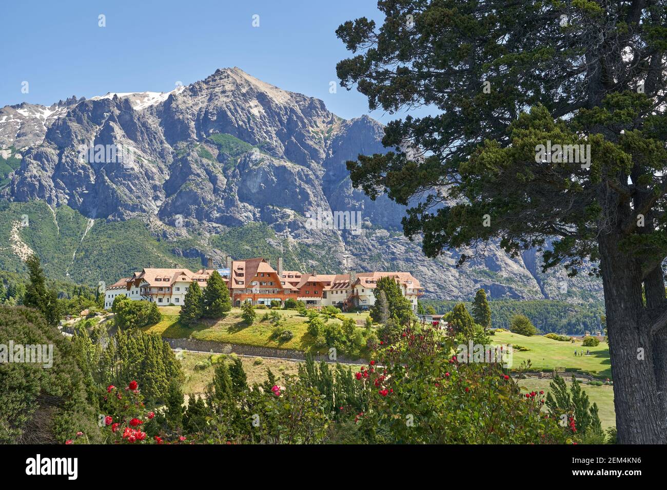 Nice Hotel overlooking the valley near Llao Llao close to Colonia Suiza and Bariloche in Patagonia, Argentina, South America with the Andes Mountain i Stock Photo
