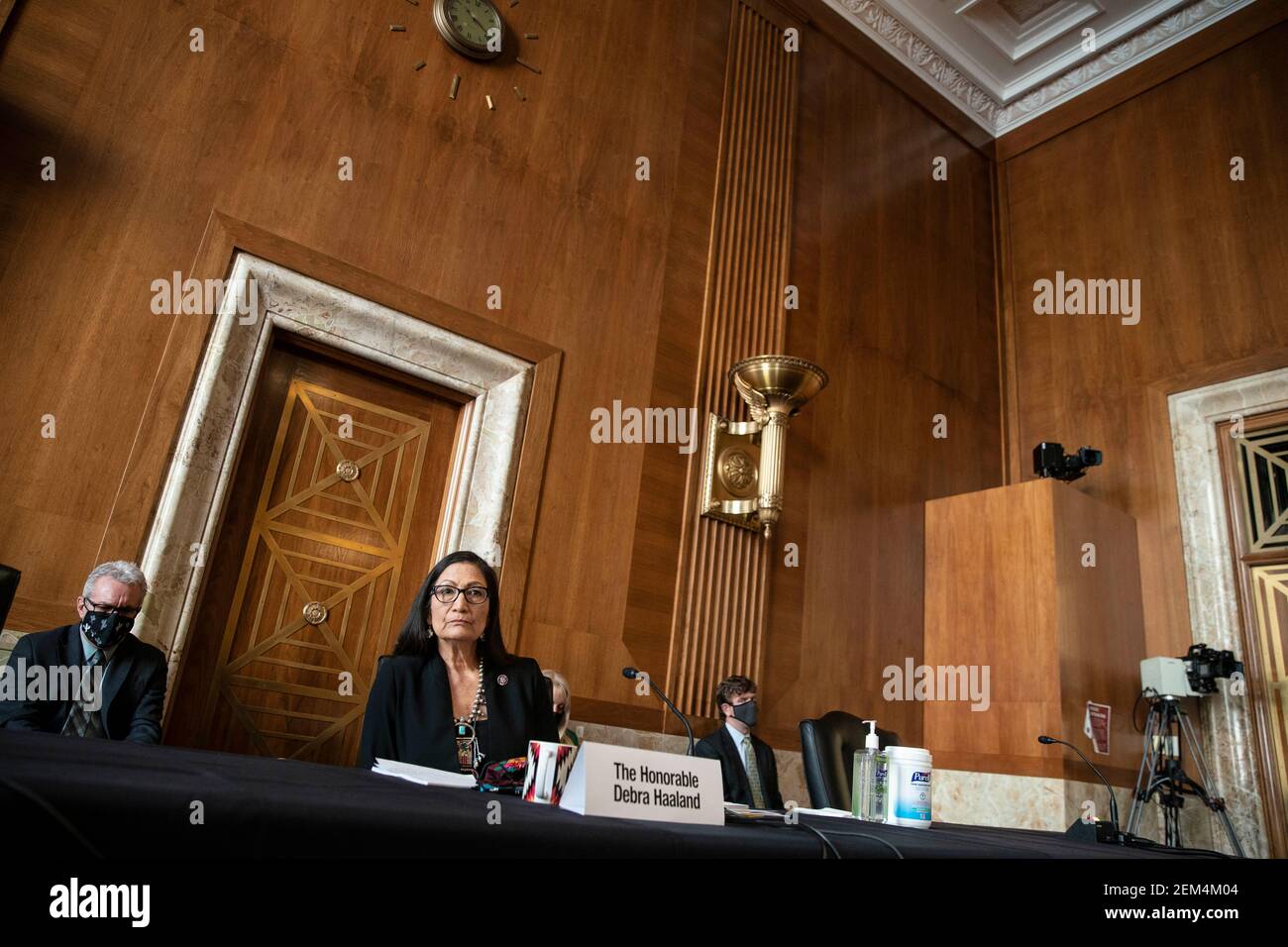 Representative Deb Haaland, a Democrat from New Mexico and secretary of the interior nominee for U.S. President Joe Biden, listens during a Senate Energy and Natural Resources Committee confirmation hearing in Washington, D.C., U.S., on Wednesday, Feb. 24, 2021. Haaland downplayed her past opposition to fracking during a heated hearing yesterday as she sought to reassure senators worried she would clamp down on fossil fuel development. Photo by Sarah Silbiger/Pool/Sipa USA) Stock Photo
