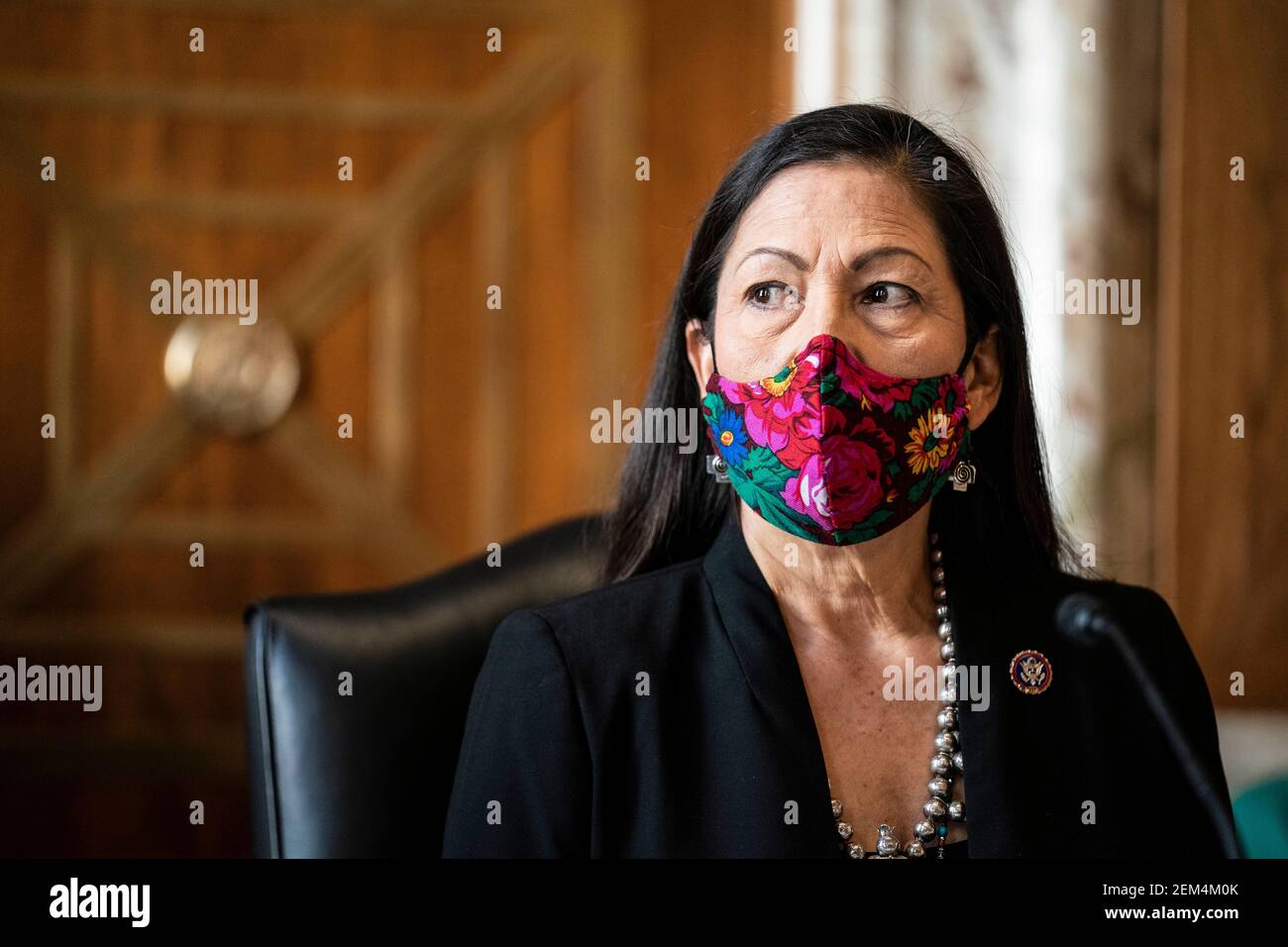 Representative Deb Haaland, a Democrat from New Mexico and secretary of the interior nominee for U.S. President Joe Biden, prepares to testify during a Senate Energy and Natural Resources Committee confirmation hearing in Washington, D.C., U.S., on Wednesday, Feb. 24, 2021. Haaland downplayed her past opposition to fracking during a heated hearing yesterday as she sought to reassure senators worried she would clamp down on fossil fuel development. Photo by Sarah Silbiger/Pool/Sipa USA) Stock Photo