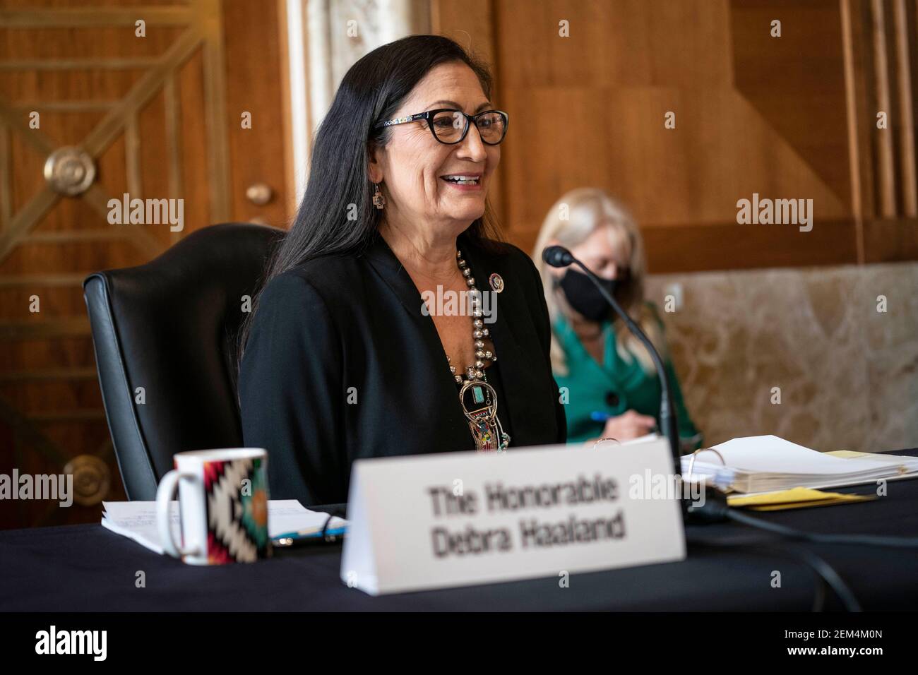 Representative Deb Haaland, a Democrat from New Mexico and secretary of the interior nominee for U.S. President Joe Biden, speaks during a Senate Energy and Natural Resources Committee confirmation hearing in Washington, D.C., U.S., on Wednesday, Feb. 24, 2021. Haaland downplayed her past opposition to fracking during a heated hearing yesterday as she sought to reassure senators worried she would clamp down on fossil fuel development. Photo by Sarah Silbiger/Pool/Sipa USA) Stock Photo