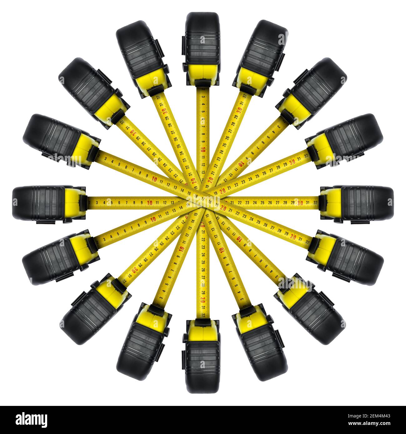 Large group of black and yellow Tape Measures arranged radially and isolated on white background. Photography. Stock Photo