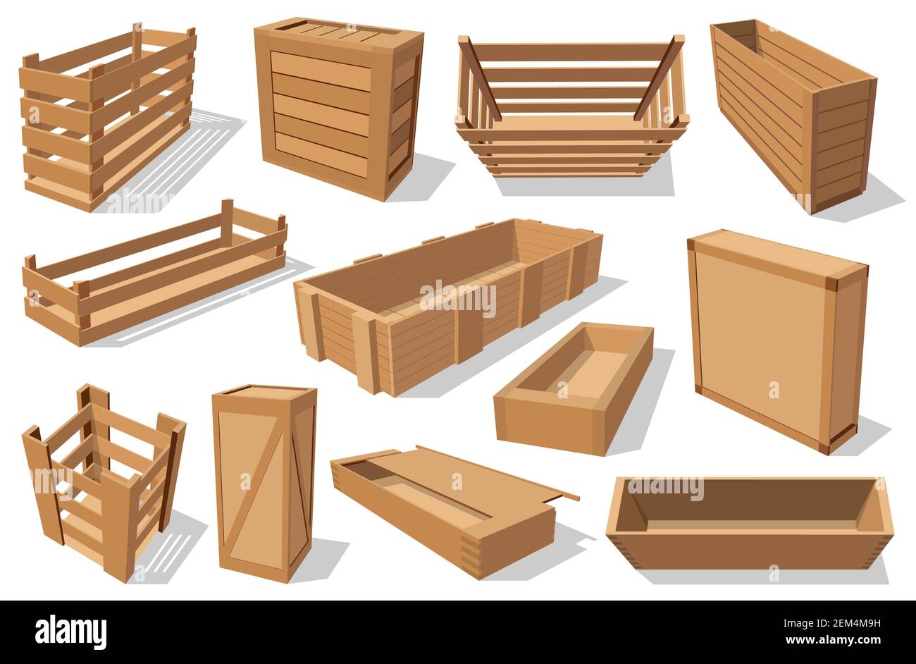 Crates and wooden drawers, empty transportation and distribution boxes isolated. Vector wooden pallets and parcels, vegetable and fruit containers wit Stock Vector