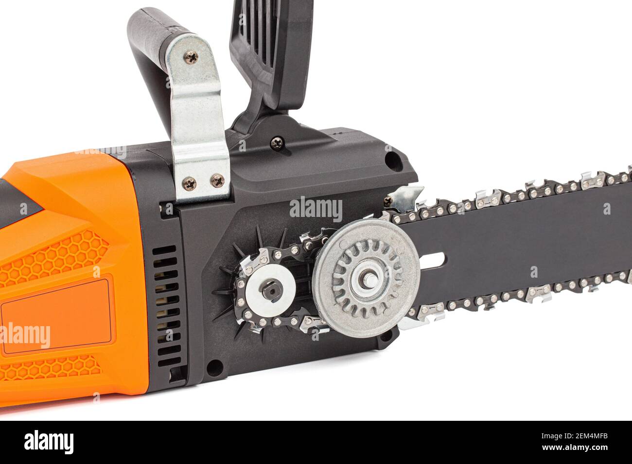 Drive gear and chain tensioner a chain saw closeup, on a white ...