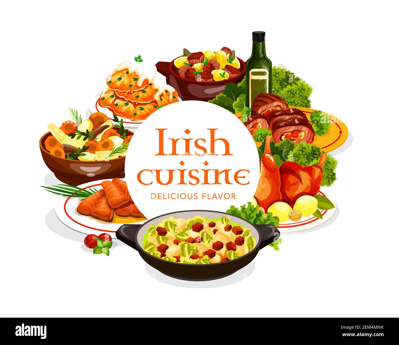 Irish cuisine meat and fish dishes with vegetables, vector food. Irish stew, baked beef rolls and rabbit, potato pancakes and red cabbage salad with g Stock Vector