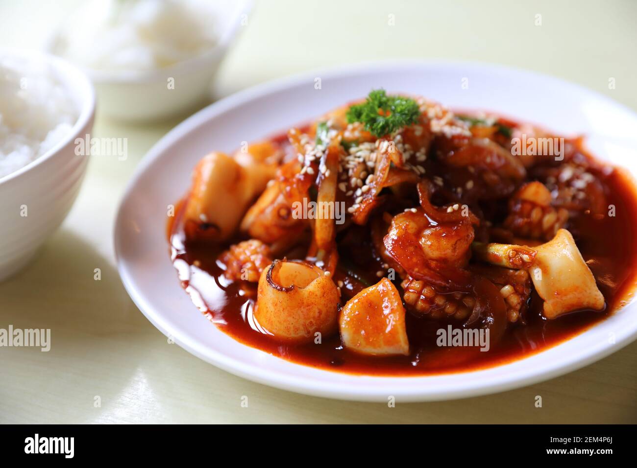Seafood with korean sauce with rice Stock Photo Alamy