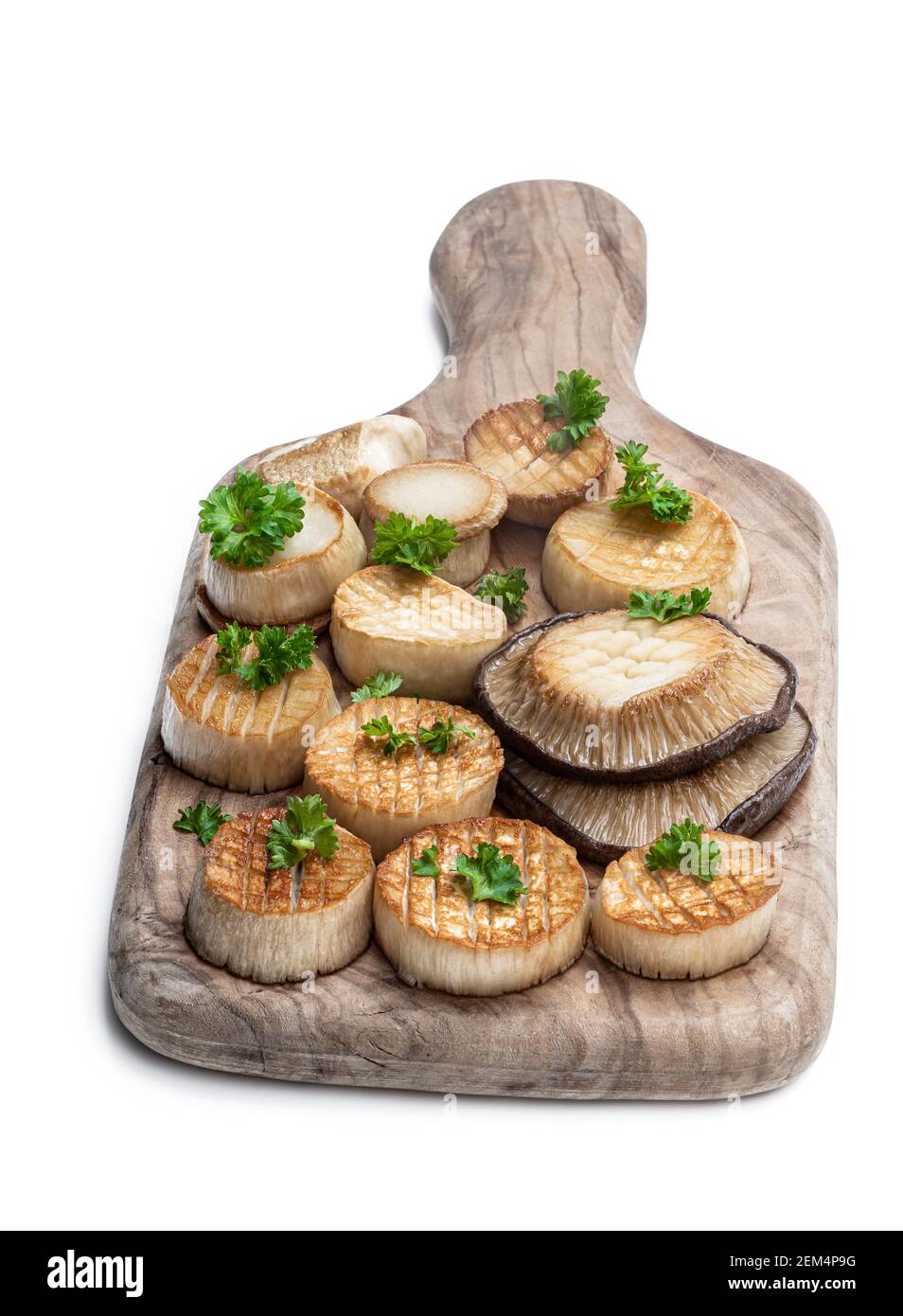 King oyster mushroom scallops on wooden board isolated on white Stock Photo Alamy