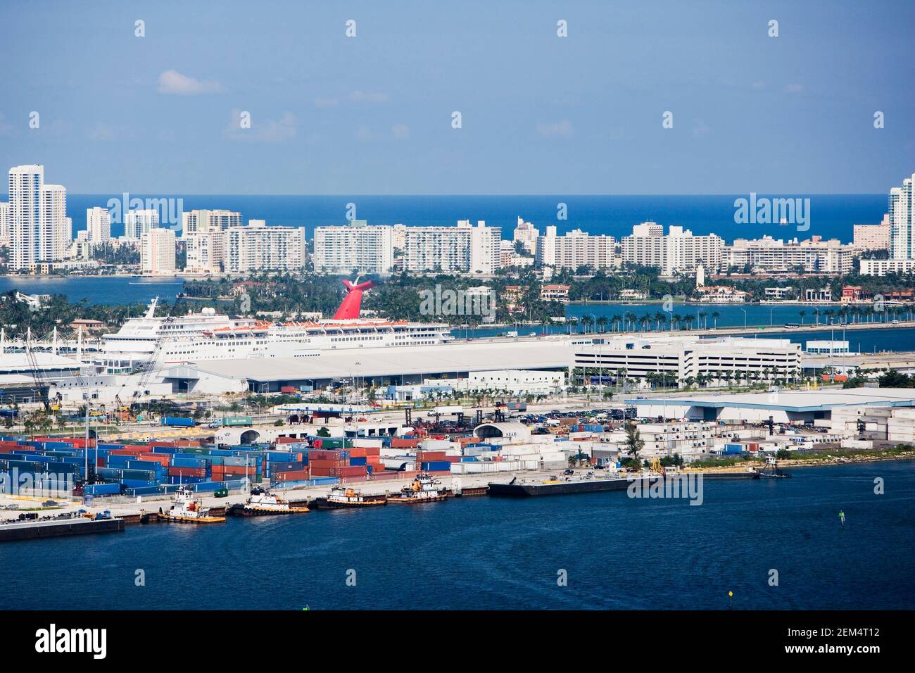 Aerial view of buildings in a city by the sea, Miami, Florida State, USA Stock Photo