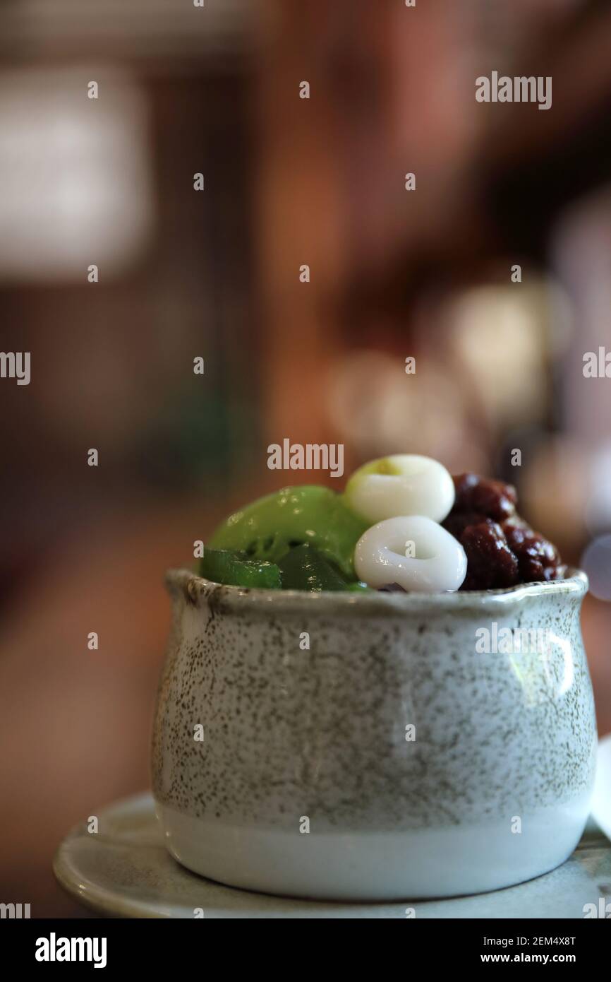 Japanese dessert Anmitsu green tea ice cream red bean and moji Stock