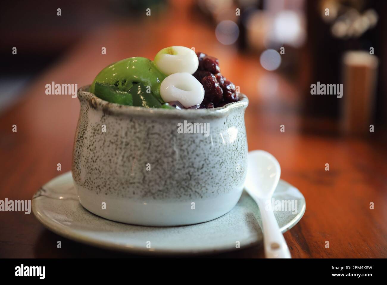 Japanese dessert Anmitsu green tea ice cream red bean and moji Stock