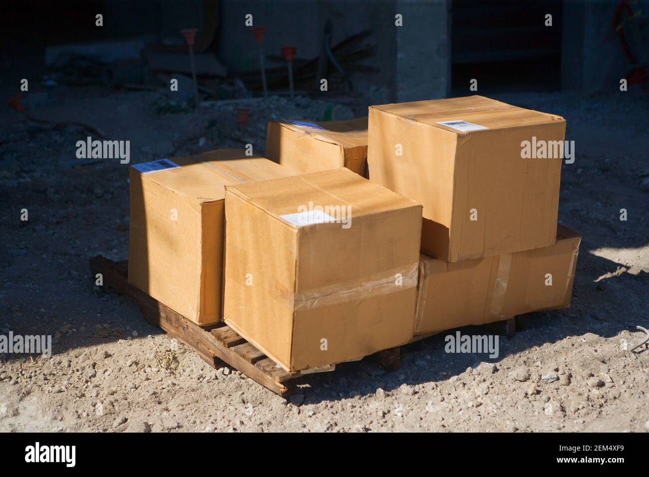 Cardboard Boxes At A Construction Site Stock Photo Alamy