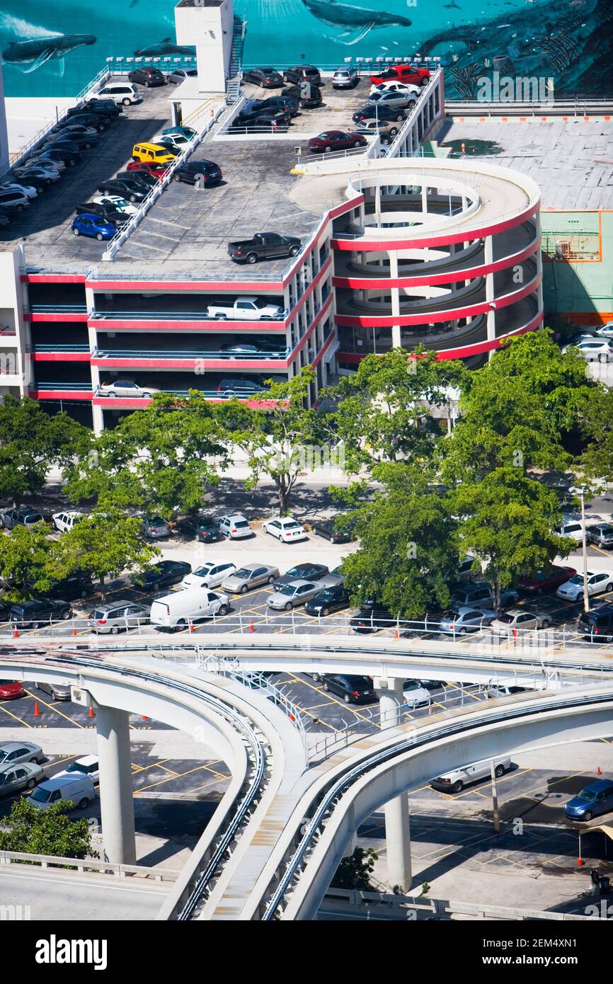 Elevated railway track in front of a parking building, Miami, Florida, USA Stock Photo