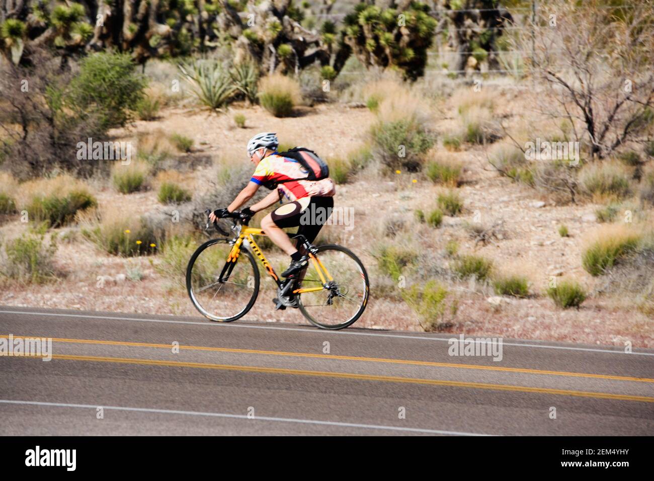 Side profile of a man riding a bicycle, Las Vegas, Nevada, USA Stock