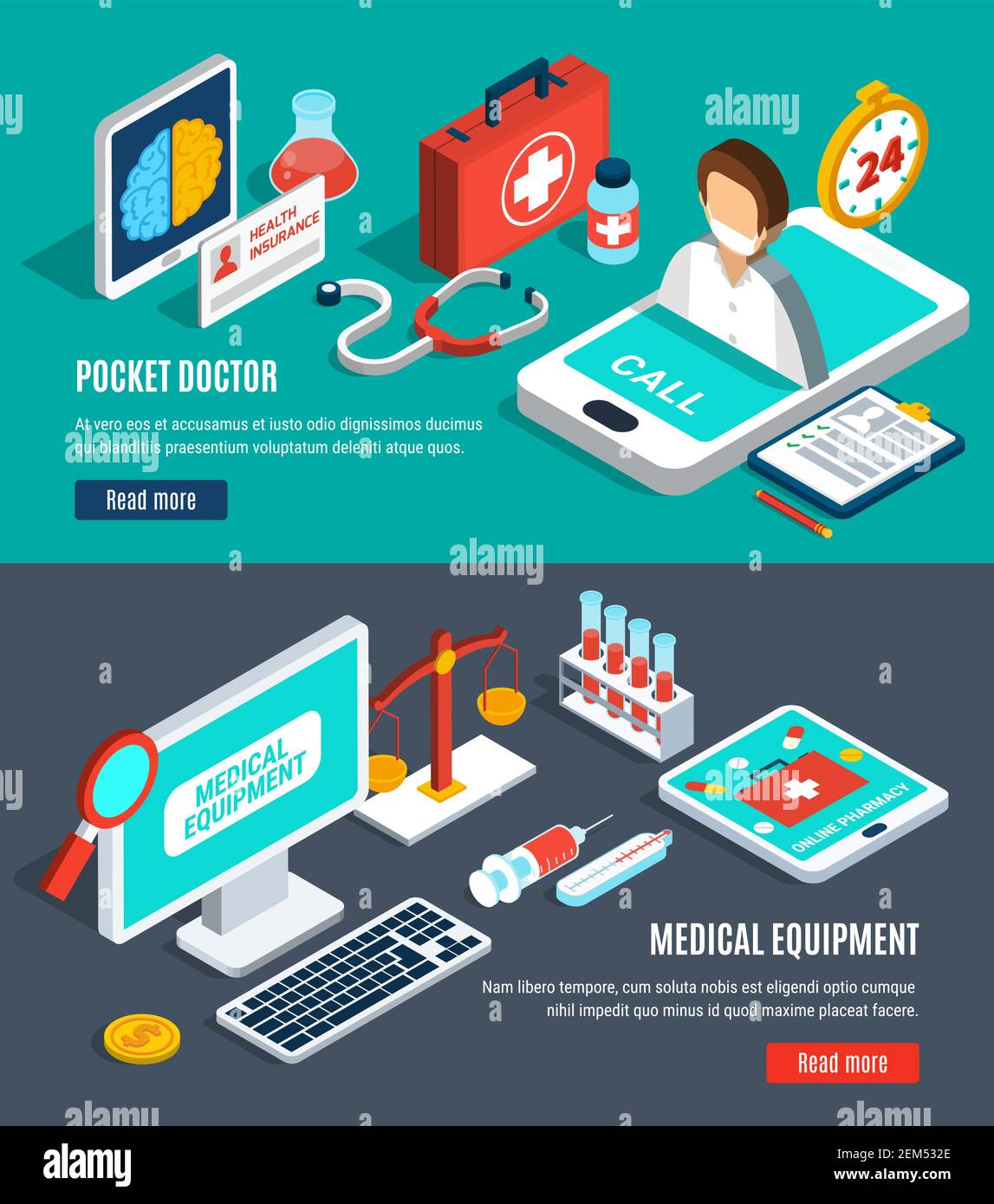 Isometric horizontal banners set with various medical equipment 3d