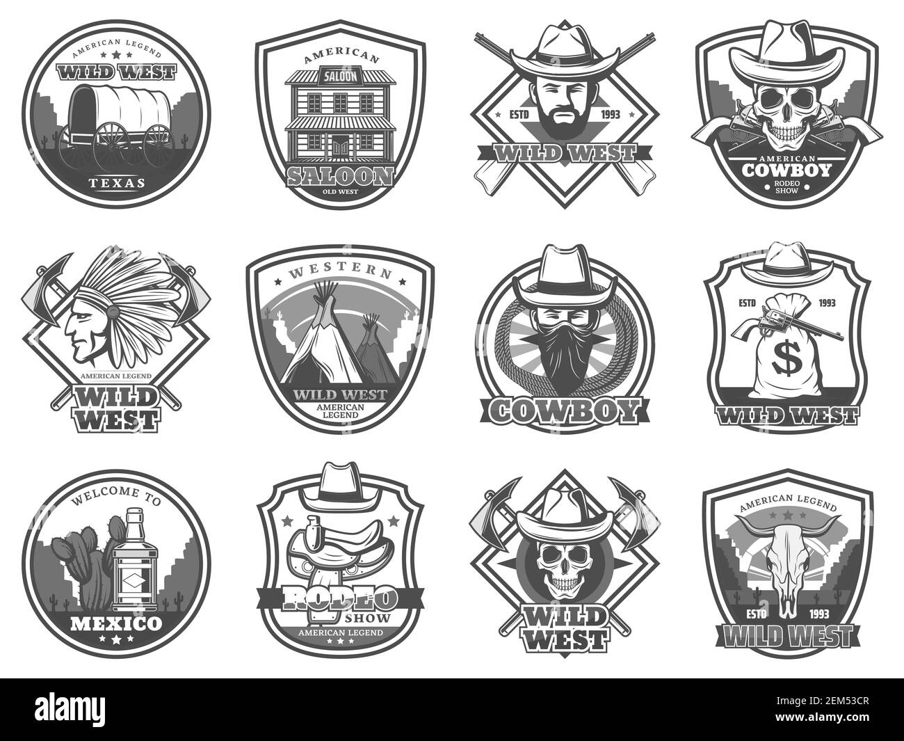 American Western icons, rodeo show and cowboy saloon, Texas bandit and