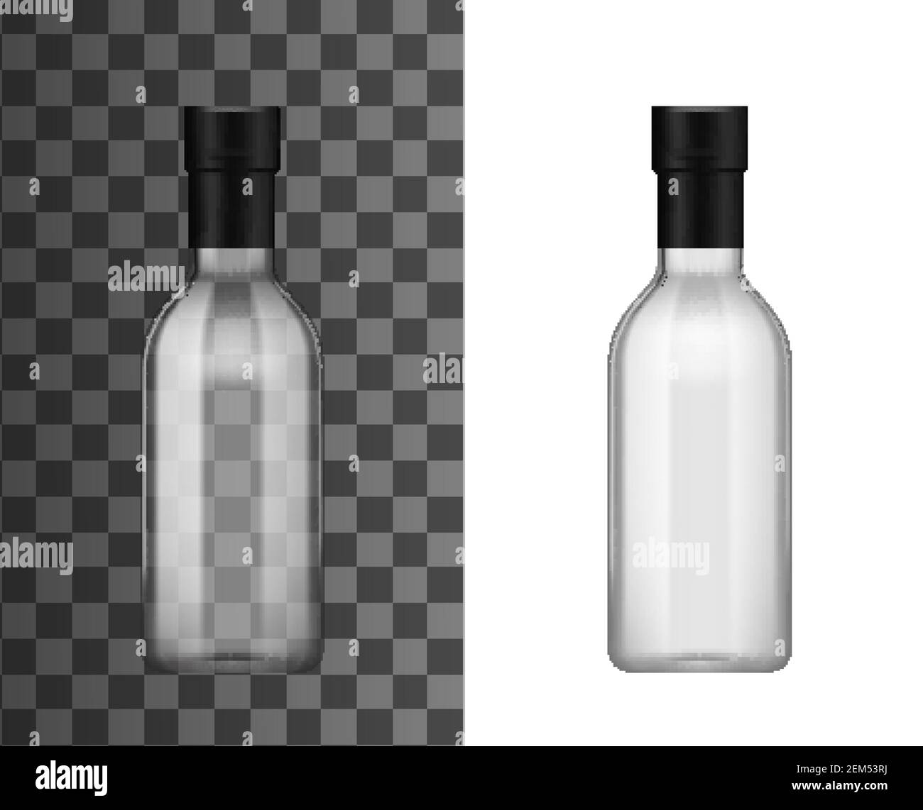 Empty transparent glass bottle with foil bottleneck cap, realistic 3d