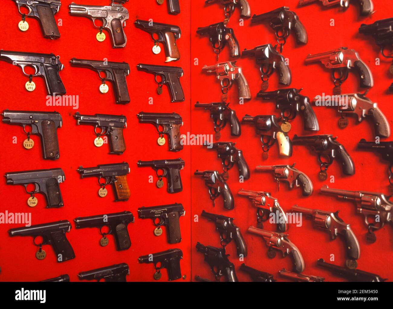 WASHINGTON, DC, USA - Display of handguns, confiscated off streets by DC's Metropolitan Police Department, MPD. Stock Photo