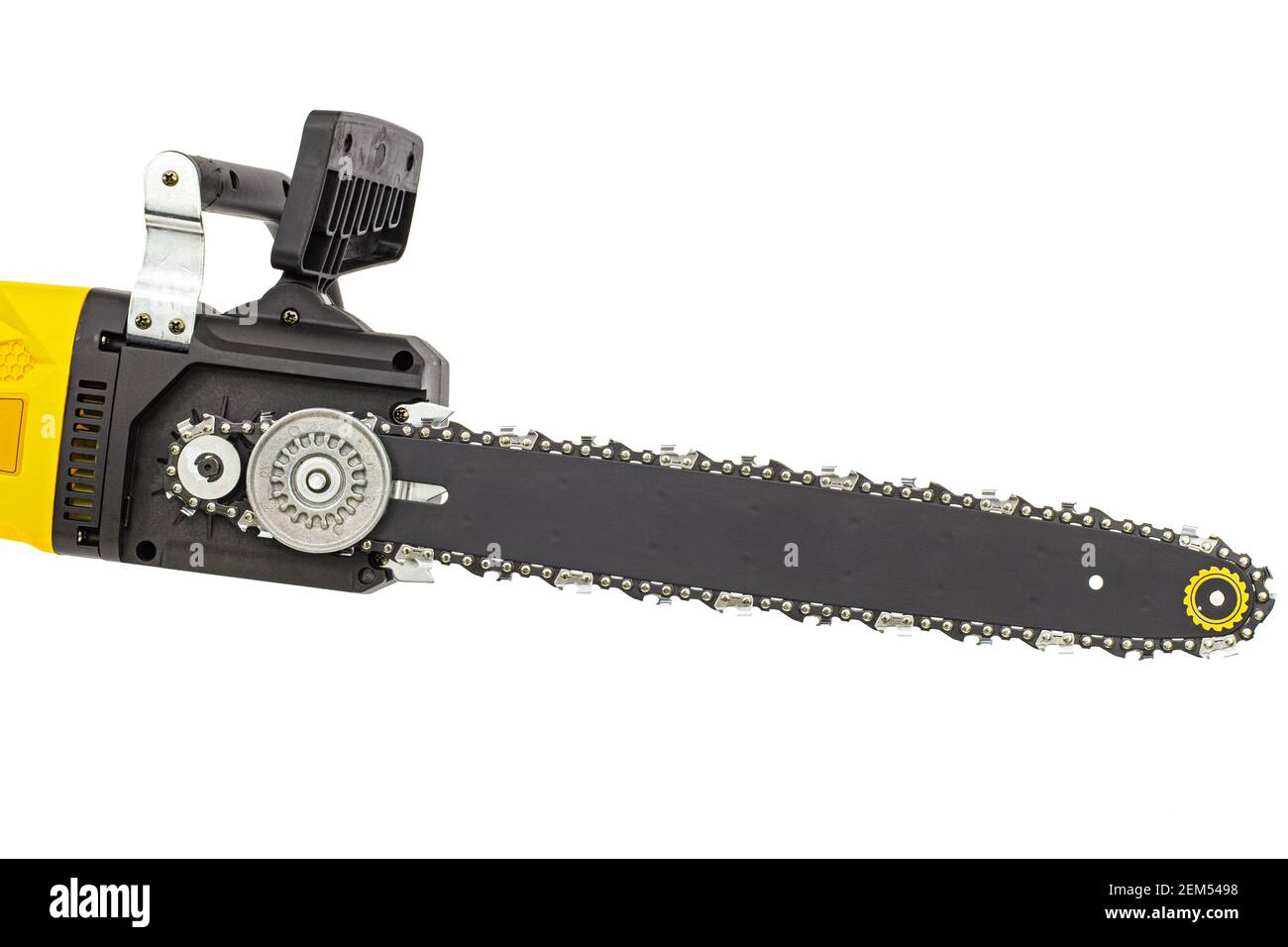 Drive gear and chain tensioner a chain saw closeup, on a white ...