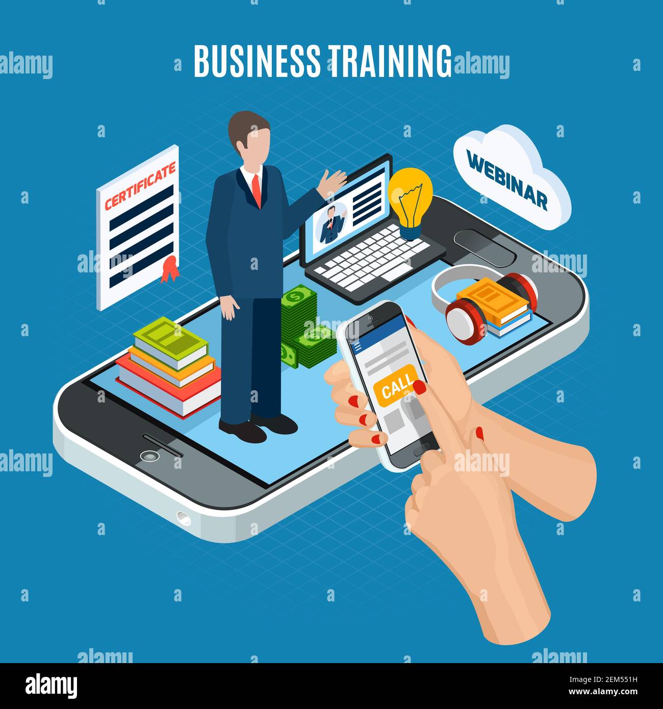 Isometric colored webinar concept with use smartphone for business ...