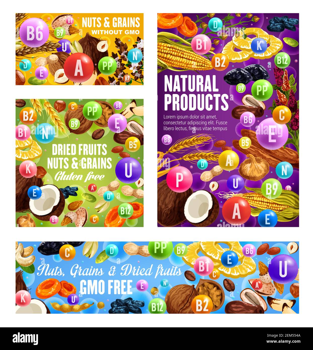 Dried fruits, nuts and seeds, organic cereals and raw vegan food