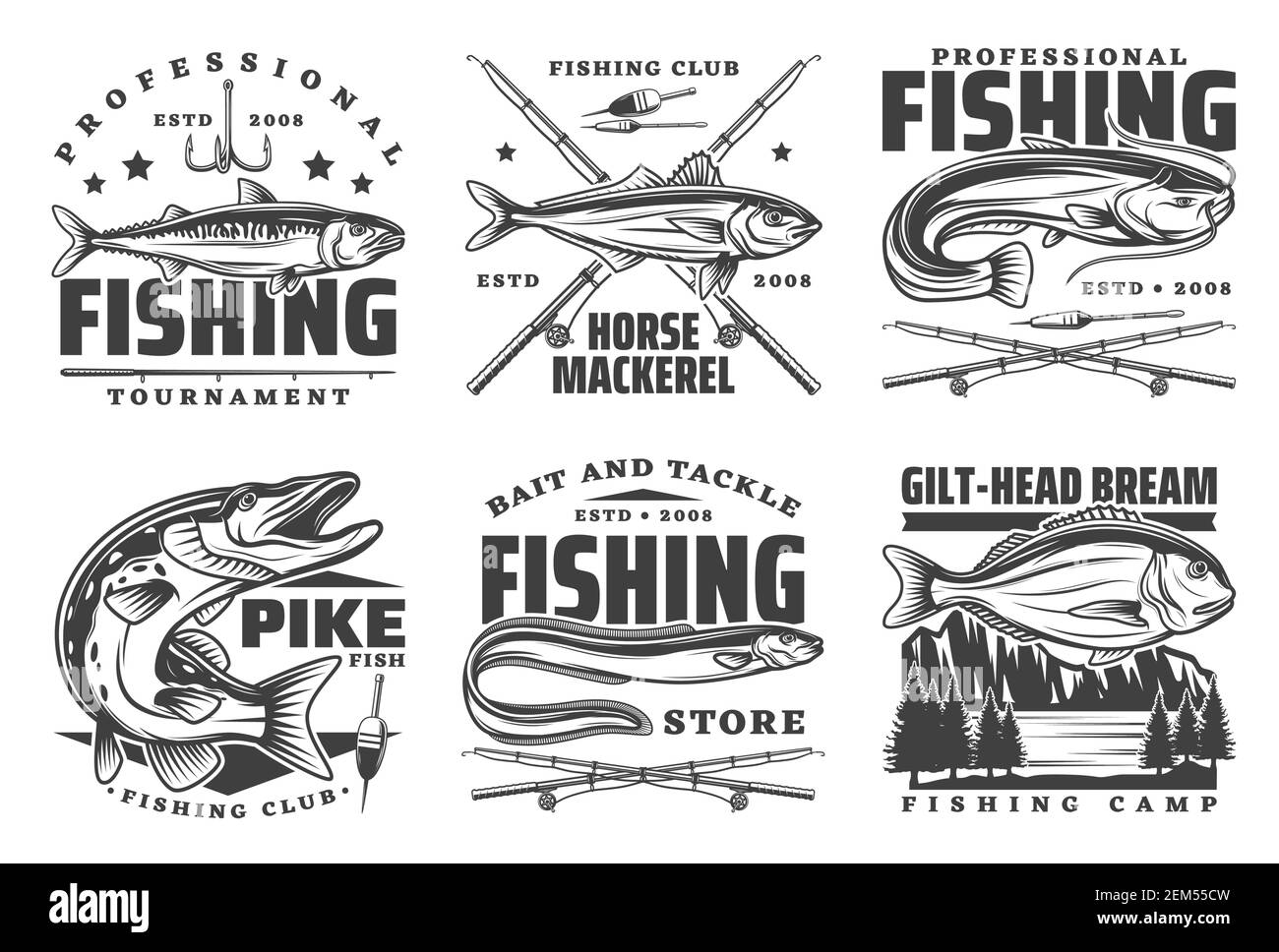 https://c8.alamy.com/comp/2EM55CW/fishing-icons-and-fisherman-club-signs-sport-tournament-and-fish-catch-lures-baits-and-tackles-shop-icons-vector-river-sheatfish-pike-and-gilt-hea-2EM55CW.jpg